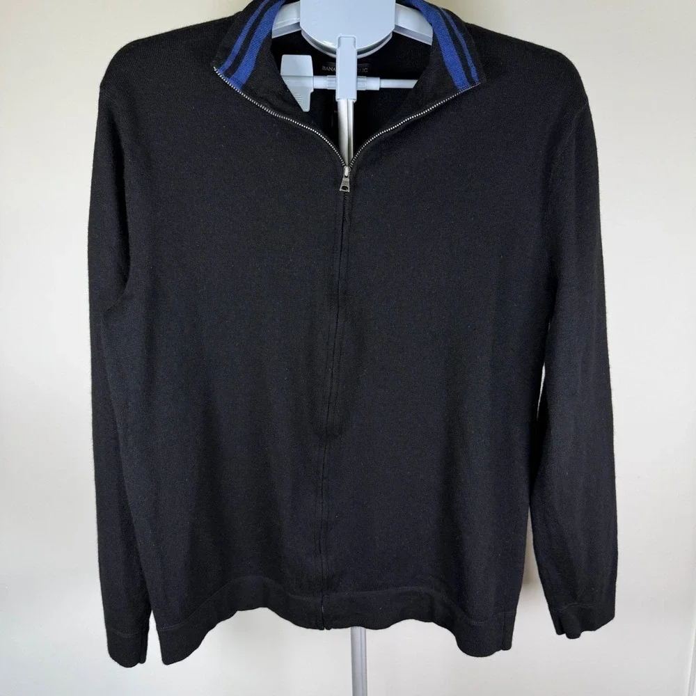 Banana Republic Mens Merino Wool Full Zip Sweater Black Blue Striped Neck Large